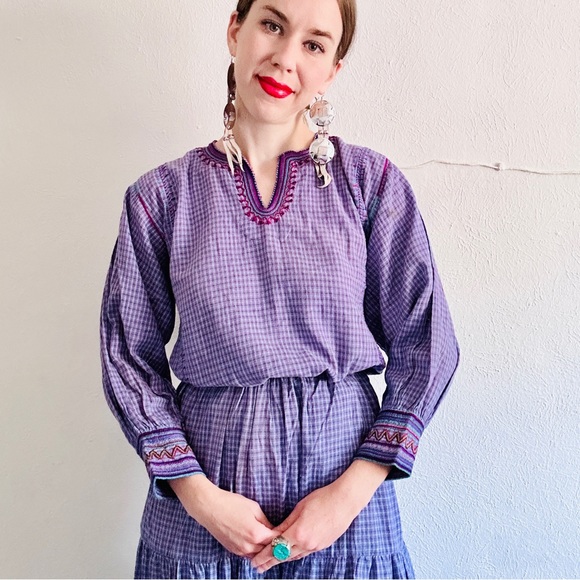 80s VTG Cotton Purple Plaid Mexican Indian Embroidered Skirt Folk Art Skirt Set - Picture 5 of 16